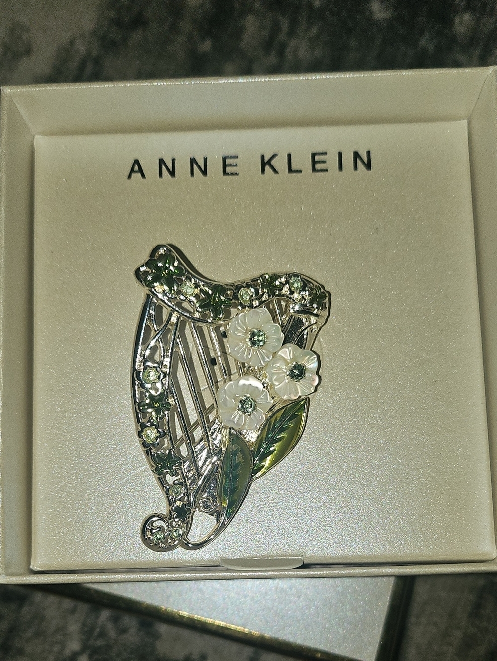 Anne Klein Silver Floral Leaf Brooch with White Flowers and Green Leaves Brooch